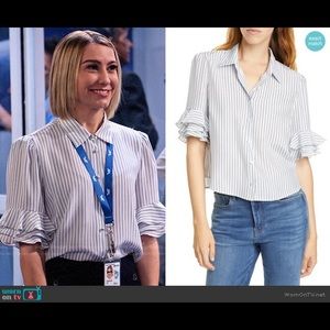 Frame 100% Silk Ruffle Sleeve Blouse Blue Stripe S NWT